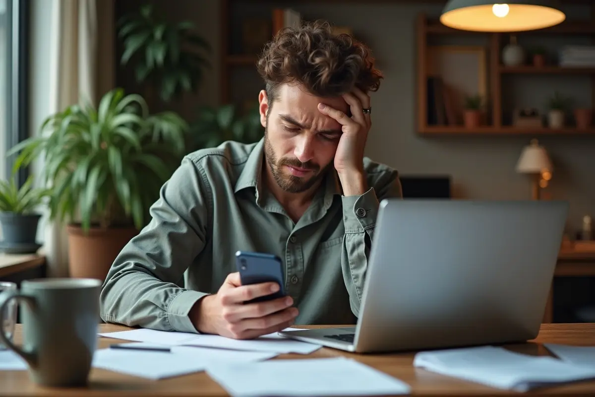 stressed man on phone with a debt collection agency call
